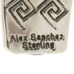 Alex Sanchez (b. 1969) - Navajo - Contemporary Kingman Turquoise and Sterling Silver Overlay Ring with Bear, Sunface Kachina, and Dragonfly Design, size 8.5