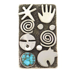 Alex Sanchez (b. 1969) - Navajo - Contemporary Kingman Turquoise and Sterling Silver Overlay Ring with Dragonflies, Hands, Bear, and Sunface Kachina Design, size 8.5