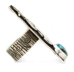 Alex Sanchez (b. 1969) - Navajo - Contemporary Kingman Turquoise and Sterling Silver Overlay Ring with Dragonflies, Hands, Bear, and Sunface Kachina Design, size 8.5