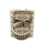 Alex Sanchez (b. 1969) - Navajo - Contemporary Kingman Turquoise and Sterling Silver Overlay Ring with Dragonflies, Hands, Bear, and Sunface Kachina Design, size 8.5