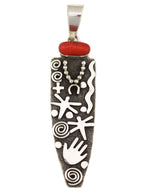 Alex Sanchez (b. 1969) - Navajo - Contemporary Coral and Sterling Silver Overlay Pendant with Dragonfly and Hand Design, 4.5" x 1.125"