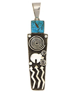 Alex Sanchez (b. 1969) - Navajo - Contemporary Kingman Turquoise and Sterling Silver Overlay Pendant with Bear, Lightning, and Spiral Design, 4.75" x 1.125"