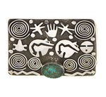 Alex Sanchez (b. 1969) - Navajo - Contemporary Kingman Turquoise and Sterling Silver Overlay Belt Buckle with Heartline Bear, Dragonfly, Sunface Kachina, and Hands, 2.375" x 3.25"