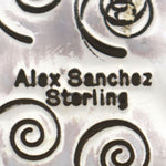 Alex Sanchez (b. 1969) - Navajo - Contemporary Kingman Turquoise and Sterling Silver Overlay Belt Buckle with Heartline Bear, Dragonfly, Sunface Kachina, and Hands, 2.375" x 3.25"