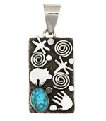 Alex Sanchez (b. 1969) - Navajo - Contemporary Kingman Turquoise and Sterling Silver Overlay Pendant with Dragonfly, Bear, and Hand Design, 3" x 1.25"