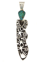 Alex Sanchez (b. 1969) - Navajo - Contemporary Kingman Turquoise and Sterling Silver Overlay Pendant with Dragonflies and Hands, 5.25" x 1"