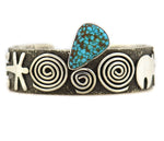 Alex Sanchez (b. 1969) - Navajo - Contemporary Kingman Turquoise and Sterling Silver Overlay Bracelet with Dragonfly, Bear, Hand, and Sunface Kachina Design, size 6.25
