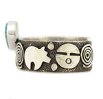 Alex Sanchez (b. 1969) - Navajo - Contemporary Kingman Turquoise and Sterling Silver Overlay Bracelet with Dragonfly, Bear, Hand, and Sunface Kachina Design, size 6.25