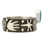 Alex Sanchez (b. 1969) - Navajo - Contemporary Kingman Turquoise and Sterling Silver Overlay Bracelet with Dragonfly, Bear, Hand, and Sunface Kachina Design, size 6.25