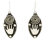 Alex Sanchez (b. 1969) - Navajo - Contemporary Sterling Silver Overlay French Hook Earrings with Hands and Spiral Design, 2.25" x 0.75"
