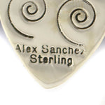 Alex Sanchez (b. 1969) - Navajo - Contemporary Sterling Silver Overlay French Hook Earrings with Hands and Spiral Design, 2.25" x 0.75"