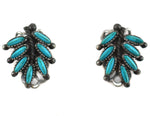 Zuni - Turquoise Needlepoint and Silver Clip-On Earrings with Feather Design c. 1940s, 0.625" x 0.5"