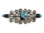 Navajo - Turquoise and Silver Pin with Arrow Pictorials and Stamped Design c. 1930s, 1.125" x 2.75"