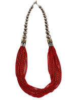 Tommy Singer (1940-2014) - Navajo - 15-Strand Coral, 10K Gold, and Sterling Silver Necklace c. 1970s, 31" length