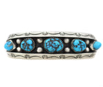 Fred Thompson (1921-2002) - Navajo - Morenci Turquoise and Silver Row Bracelet with Stamped Design c. 1950-60s, size 7