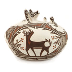 Noreen Simplicio - Zuni Polychrome Jar with Lizard Figures and Heartline Deer Pictorials c. 1990s, 2.75" x 3.375"