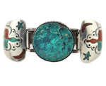 Attributed to Tommy Singer (1940-2014) - Navajo - Turquoise, Turquoise and Coral Chip Inlay, and Sterling Silver Bracelet with Peyote Bird Pictorial and Stamped Design c. 1970s, size 8.5