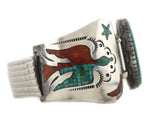 Attributed to Tommy Singer (1940-2014) - Navajo - Turquoise, Turquoise and Coral Chip Inlay, and Sterling Silver Bracelet with Peyote Bird Pictorial and Stamped Design c. 1970s, size 8.5