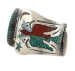 Attributed to Tommy Singer (1940-2014) - Navajo - Turquoise, Turquoise and Coral Chip Inlay, and Sterling Silver Bracelet with Peyote Bird Pictorial and Stamped Design c. 1970s, size 8.5