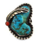 Navajo - Turquoise, Coral, and Silver Ring with Feather Design c. 1950-60s, size 9.75