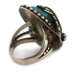 Navajo - Turquoise, Coral, and Silver Ring with Feather Design c. 1950-60s, size 9.75