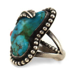 Navajo - Turquoise, Coral, and Silver Ring with Feather Design c. 1950-60s, size 9.75