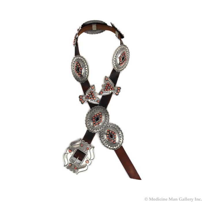 Adrienne Teeguarden - Non-Native Spiny Oyster, Silver, and Leather Concho Belt with Stamped Design c. 1970-80s, 29" - 30" waist (J15624-CO-021)