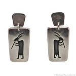 Martin Stecher - Non-Native Silver Post Earrings with Humpback Flute Player Pictorial c. 1970-80s, 1.5" x 0.75" (J15923)