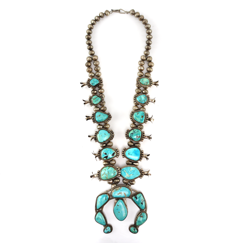 Navajo - Blue Gem Turquoise and Silver Squash Blossom Necklace c. 1950s, 29" length (J15987-021)