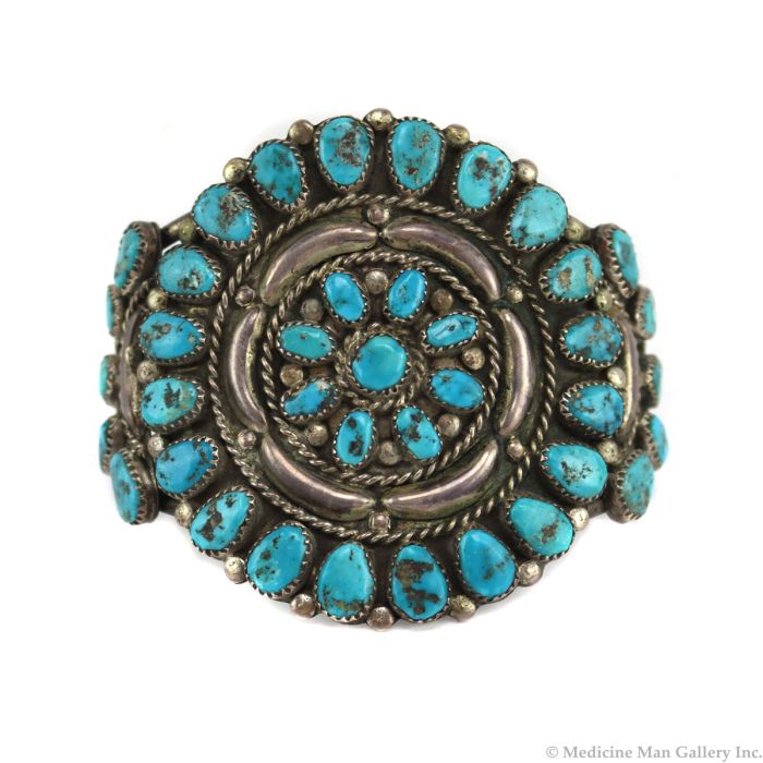 Zuni - Turquoise Cluster and Silver Bracelet c. 1930s, size 7 (J91187A-0923-002)