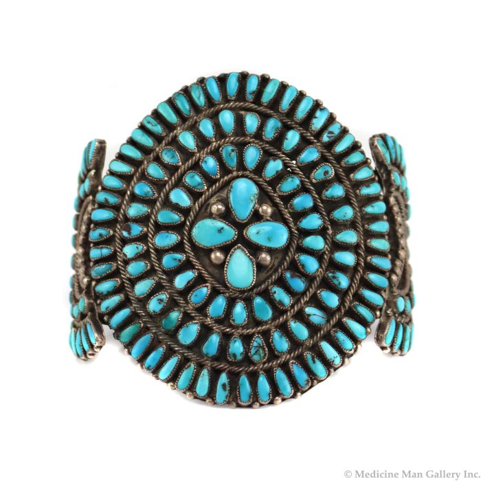 Zuni - Turquoise Cluster and Silver Bracelet c. 1930s, size 7 (J91187A-0923-001)