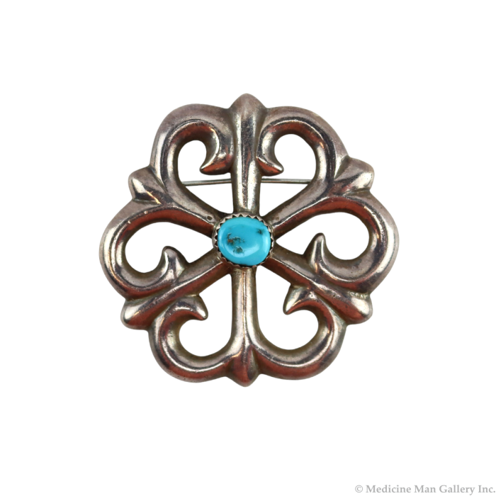 Navajo  - Turquoise and Sandcast Silver Pin c. 1960s, 2" x 2" (J15763)