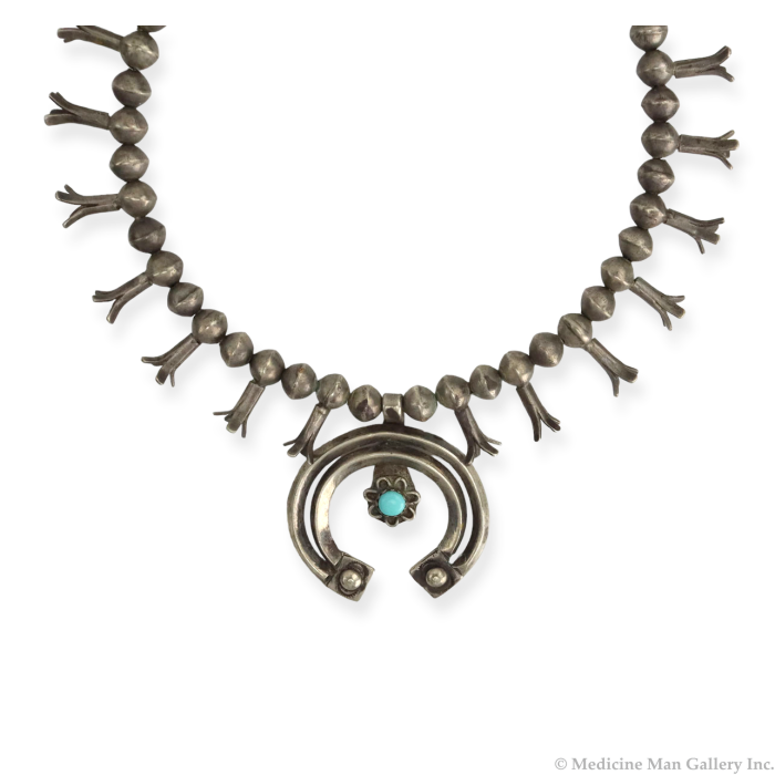 Navajo Turquoise and Silver Small Squash Blossom Necklace c. 1910-20s, 23" length (J90108A-0822-001)