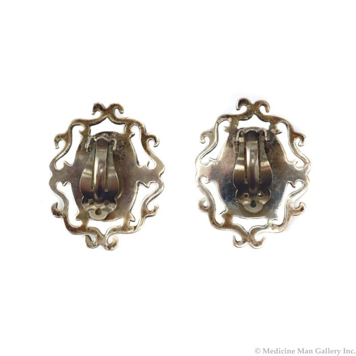 Mexican - Onyx and Silver Clip-on Earrings c. 1950-60s, 1.5" x 1.125" (J15900)
