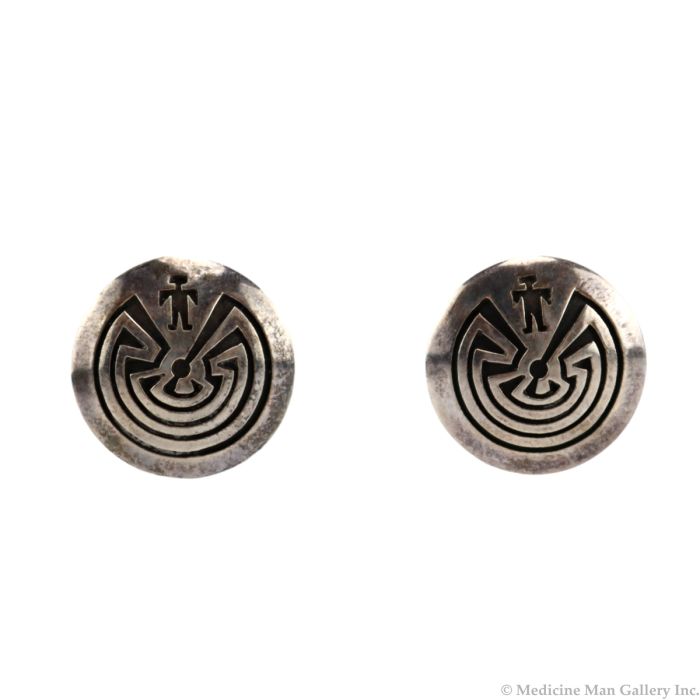 Navajo Sterling Silver Overlay Post Earrings with Man in the Maze Design c. 1990s, 0.75" diameter (J15897-039)