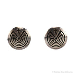 Navajo Sterling Silver Overlay Post Earrings with Man in the Maze Design c. 1990s, 0.75" diameter (J15897-039)