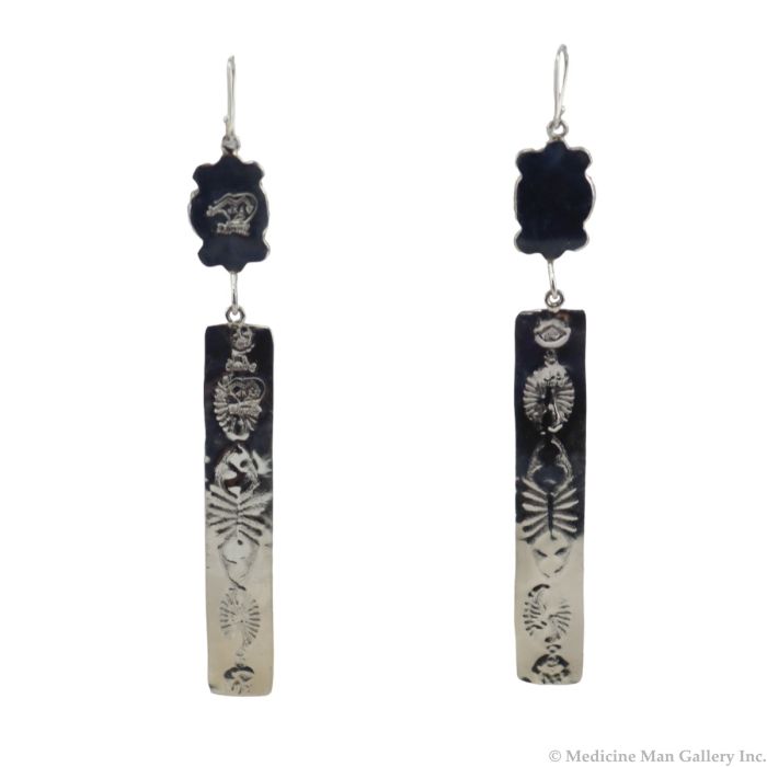 Mary and John Aguilar - Santo Domingo (Kewa) - Contemporary Denim Lapis and Sterling Silver French Hook Earrings, 4.25" x  0.5" (J15805-007)
