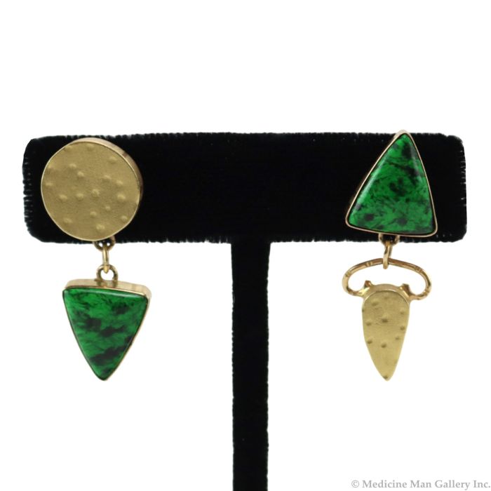 Shawn Bluejacket (b. 1962) - Shawnee - Malachite and 18K Gold Post Earrings c. 2000s, 1.375" x 0.5" (J90640A-0823-002)