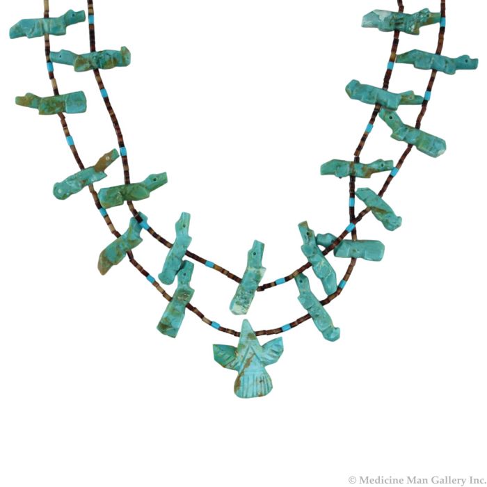 Zuni - 2-Strand Turquoise and Pinshell Heishi Animal Fetish Necklace c. 1980-90s, 28" length (J15781)