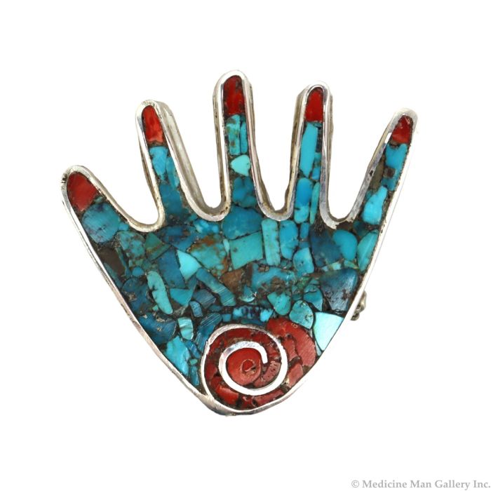 Mary and John Aguilar - Santo Domingo (Kewa) -  Contemporary Turquoise and Spiny Oyster Mosaic Inlay and Silver Hand Pin/Pendant, 2.125" x 2.125" (J15805-005)