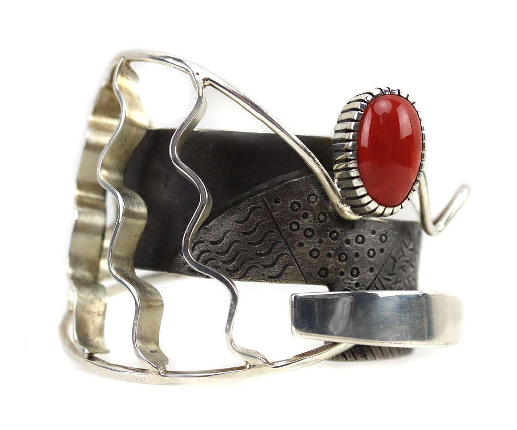 Michael Roanhorse (b. 1975) - Navajo Multi-Layered Contemporary Coral and Sterling Silver Bracelet c. 2007, size 6.125 (J90386B-0522-001)