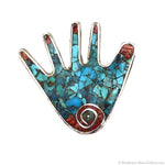 Mary and John Aguilar - Santo Domingo (Kewa) - Contemporary Turquoise and  Spiny Oyster Mosaic Inlay and Silver Hand Pin/Pendant, 2.5" x 2.5" (J15805-004)