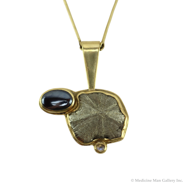 Eveli Sabatie - Contemporary Moonstone, Hematite, and Pyrite Pendant with Gold Link Chain, 20" length, 2" x 1.75" pendant (J90620A-0923-003)