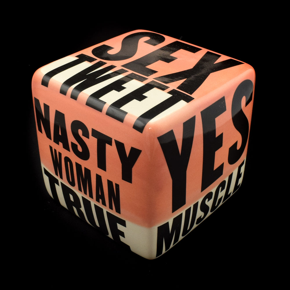 Kaiser Suidan - Pink and Black Word Collage Porcelain Cube (M1744-43)