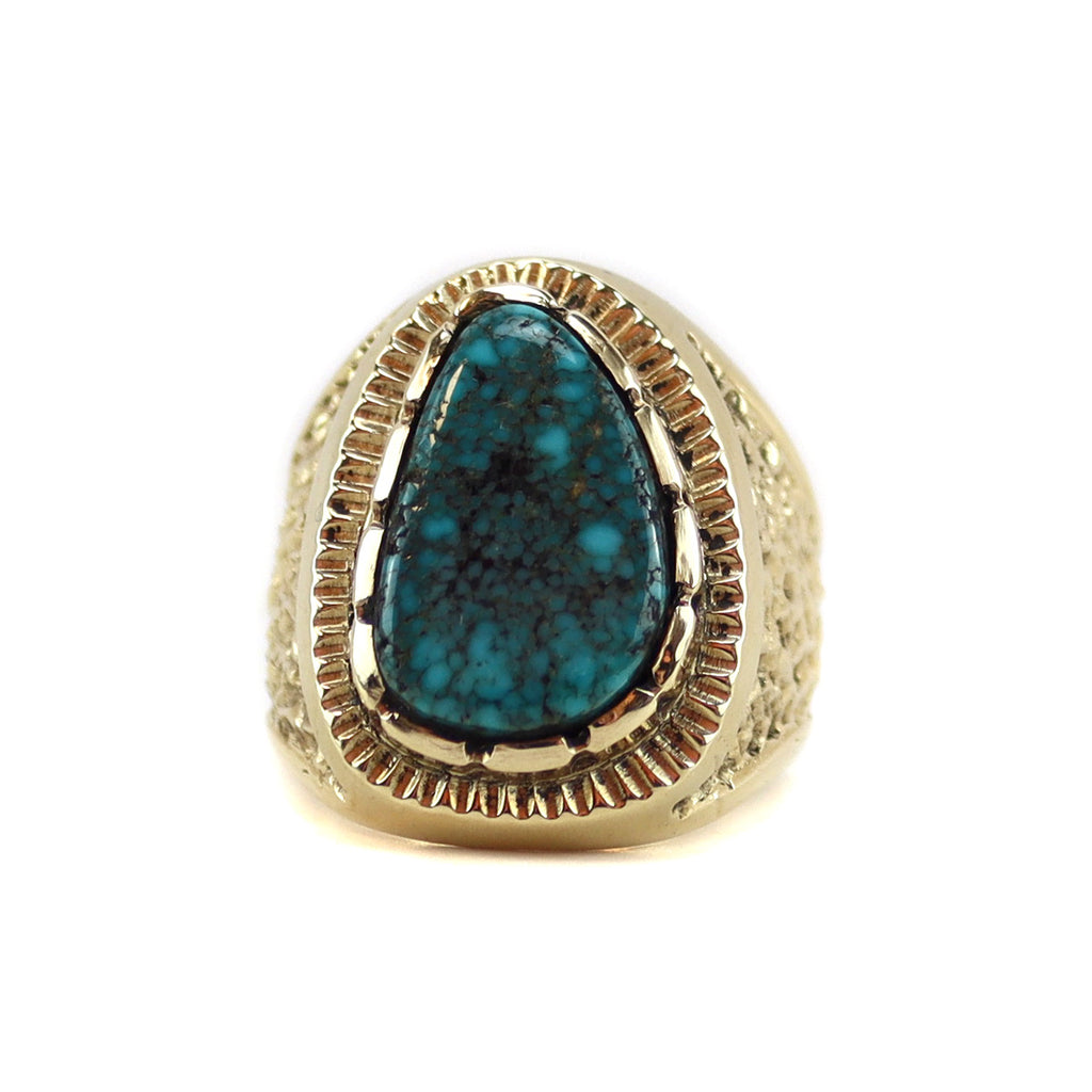 Origin Unknown - Lone Mountain Turquoise, 14K Gold, and Silver Ring c. 2000s, size 10 (J15811-003)