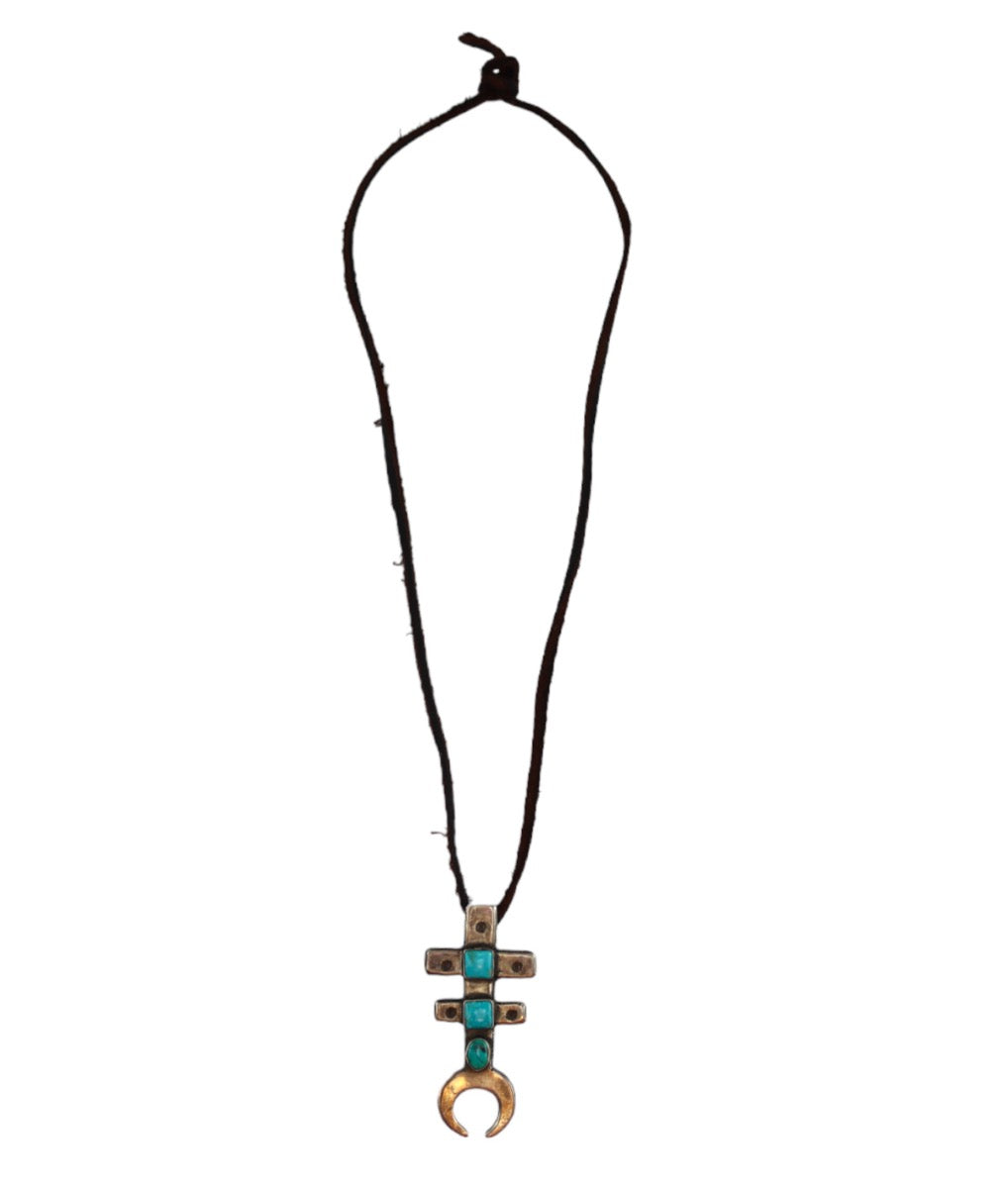 Buffalo (Non-Native) - Turquoise and Ingot Silver Revival Pendant with Leather Cord c. 1990s, 3.25" x 1.25" (J15811-002)