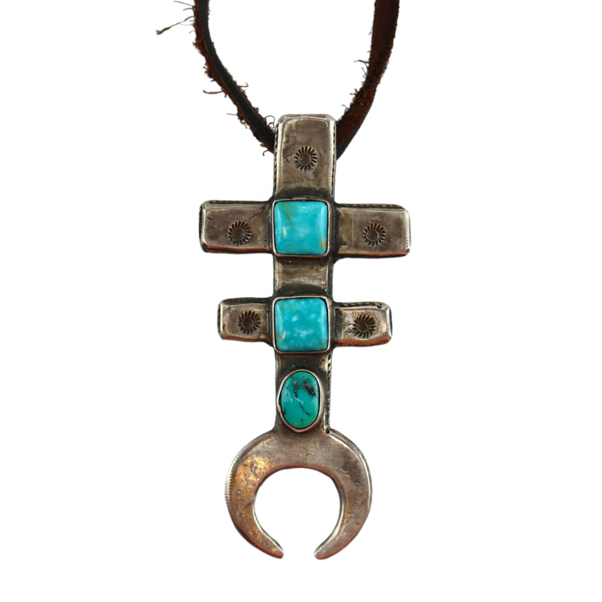 Buffalo (Non-Native) - Turquoise and Ingot Silver Revival Pendant with Leather Cord c. 1990s, 3.25" x 1.25" (J15811-002)