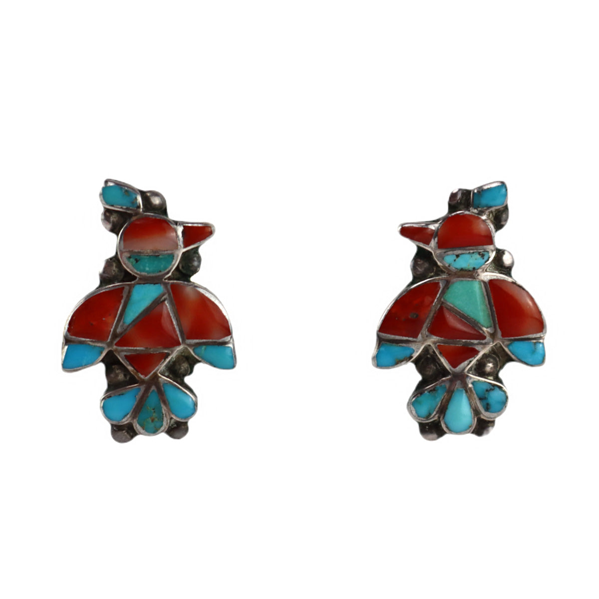 Zuni - Turquoise, Spiny Oyster, and Silver Channel Inlay Thunderbird Clip-On Earrings c. 1950s, 1.125" x 0.75" (J16019)