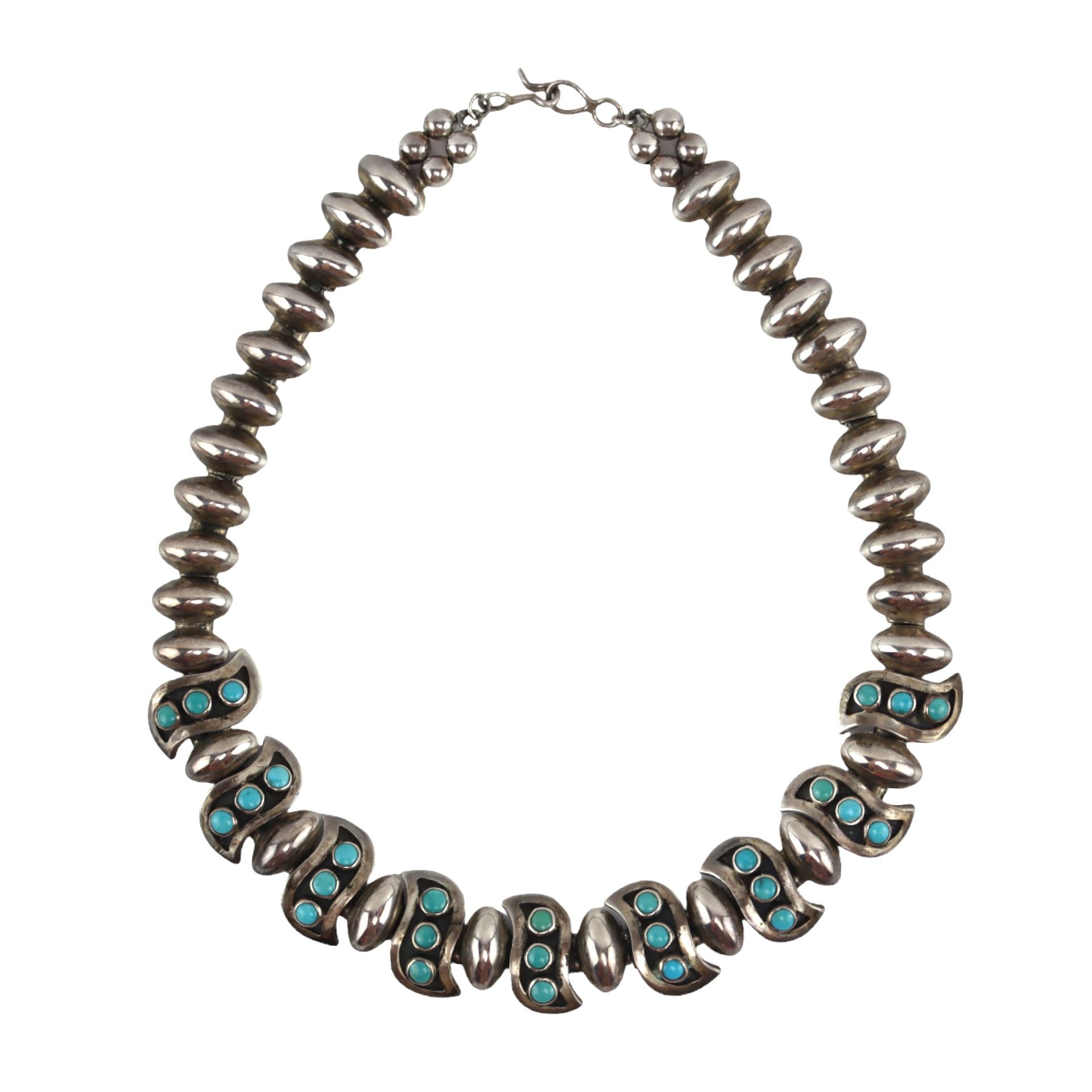 Navajo - Turquoise and Silver Beaded Necklace c. 1950-60s, 17" length (J16021)