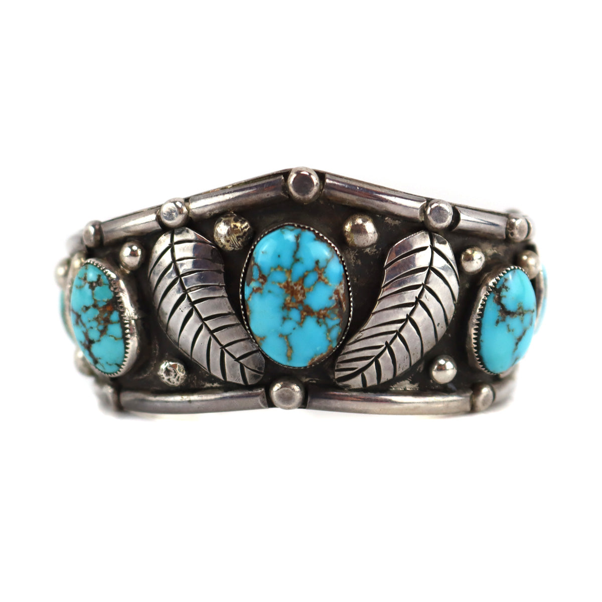 Navajo - Natural Turquoise Stones and Silver Bracelet with Feather Design c. 1960s, size 6 (J16023)